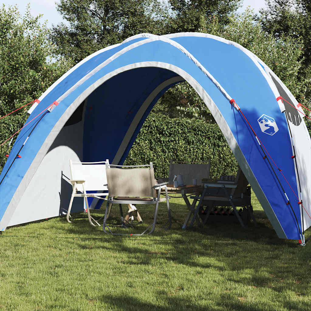Blauwe vidaXL partytent met waterdicht ontwerp, geplaatst in een groene tuin.
