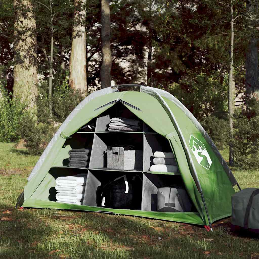 VidaXL opbergtent in groen met 9 vakken, waterdicht en georganiseerd in een bosrijke omgeving.