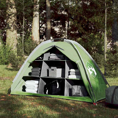 VidaXL opbergtent in groen met 9 vakken, waterdicht en georganiseerd in een bosrijke omgeving.