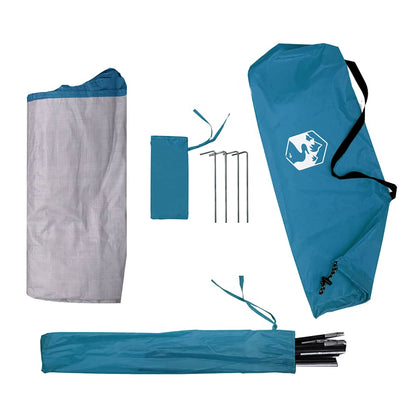 Detail van de vidaXL opbergtent met accessoires zoals stokken en haringen in blauw.