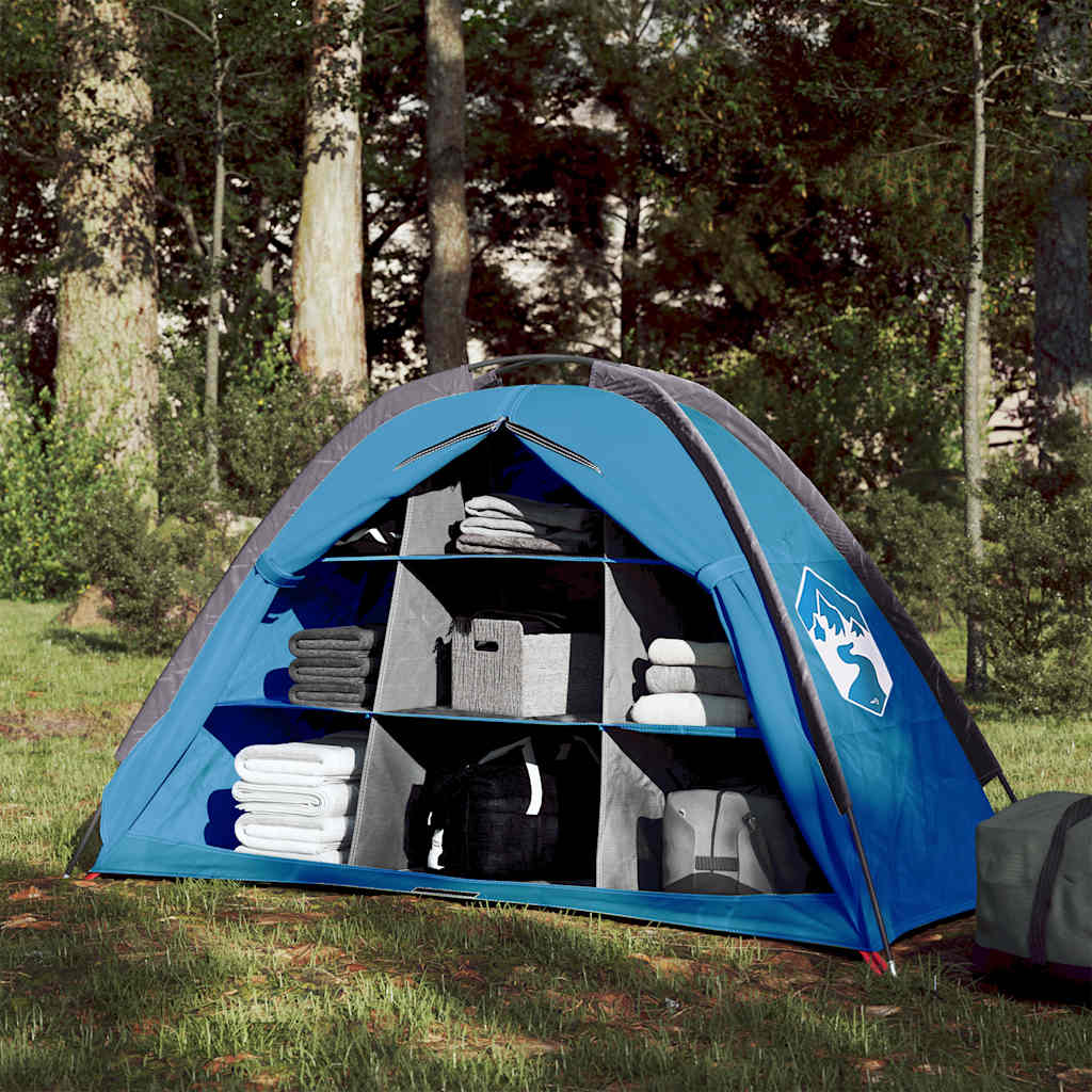 Blauwe vidaXL opbergtent met 9 vakken, waterdicht en compact, in een groene omgeving.