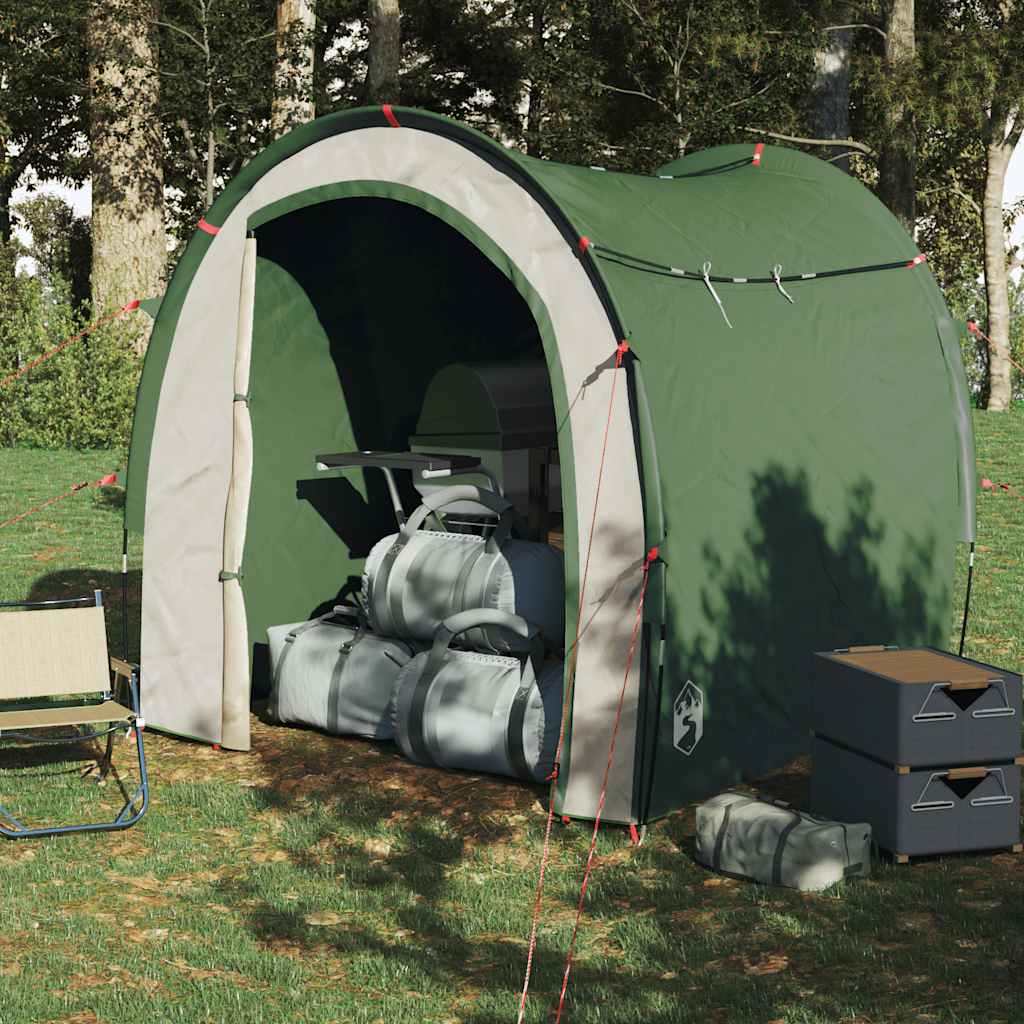 Detail van de vidaXL opbergtent in groen, met kampeeruitrusting en opbergvakken zichtbaar.