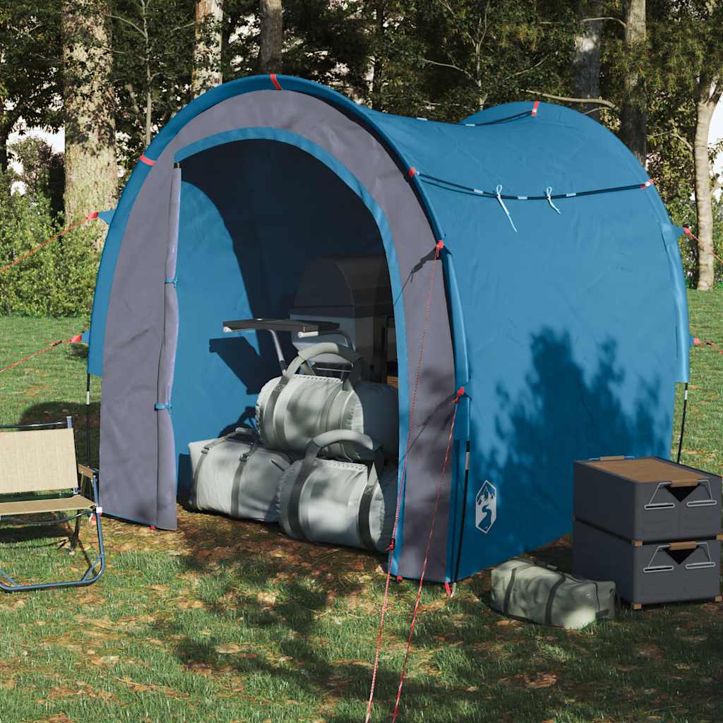 Zijaanzicht van de vidaXL waterdichte opbergtent in blauw met opbergruimte.