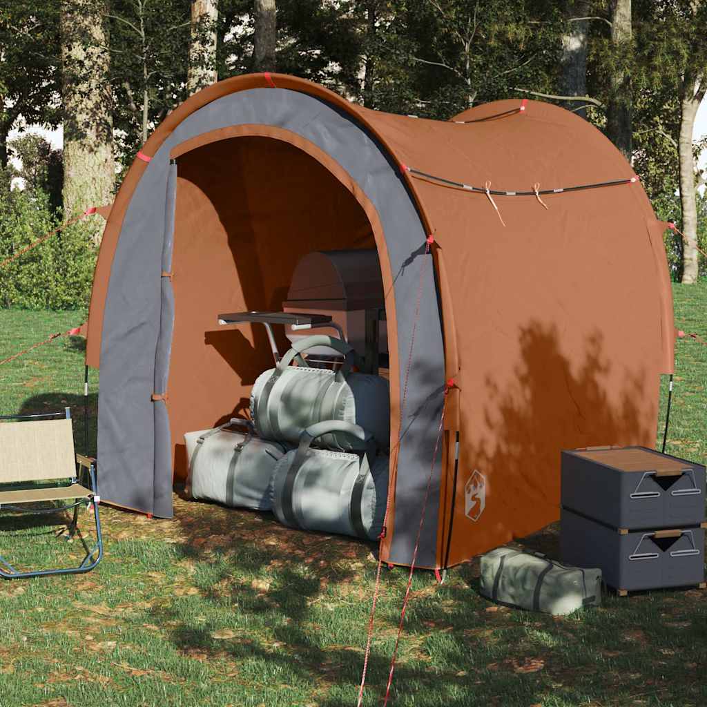 Detail van de vidaXL opbergtent in oranje, met opbergmogelijkheden voor kampeerspullen.