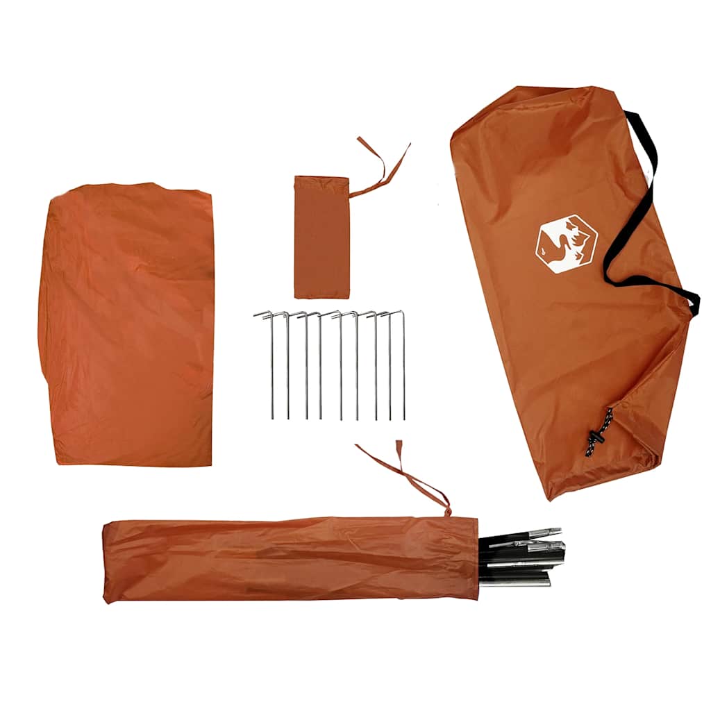 Detail van de vidaXL opbergtent in oranje met bijbehorende stokken en haringen.