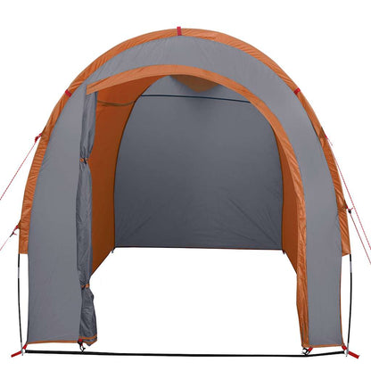Zijaanzicht van de vidaXL opbergtent in oranje en grijs, met open ingang.