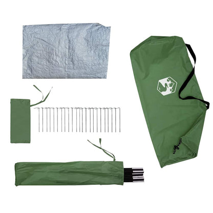 Detail van de accessoires van de vidaXL 4-persoons tipitent, inclusief stokken en haringen.