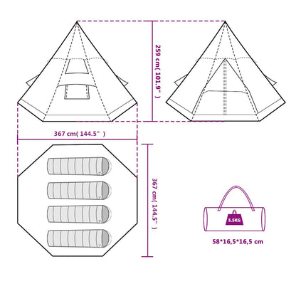 Detailtekening van de vidaXL 4-persoons tipitent met afmetingen en indeling.