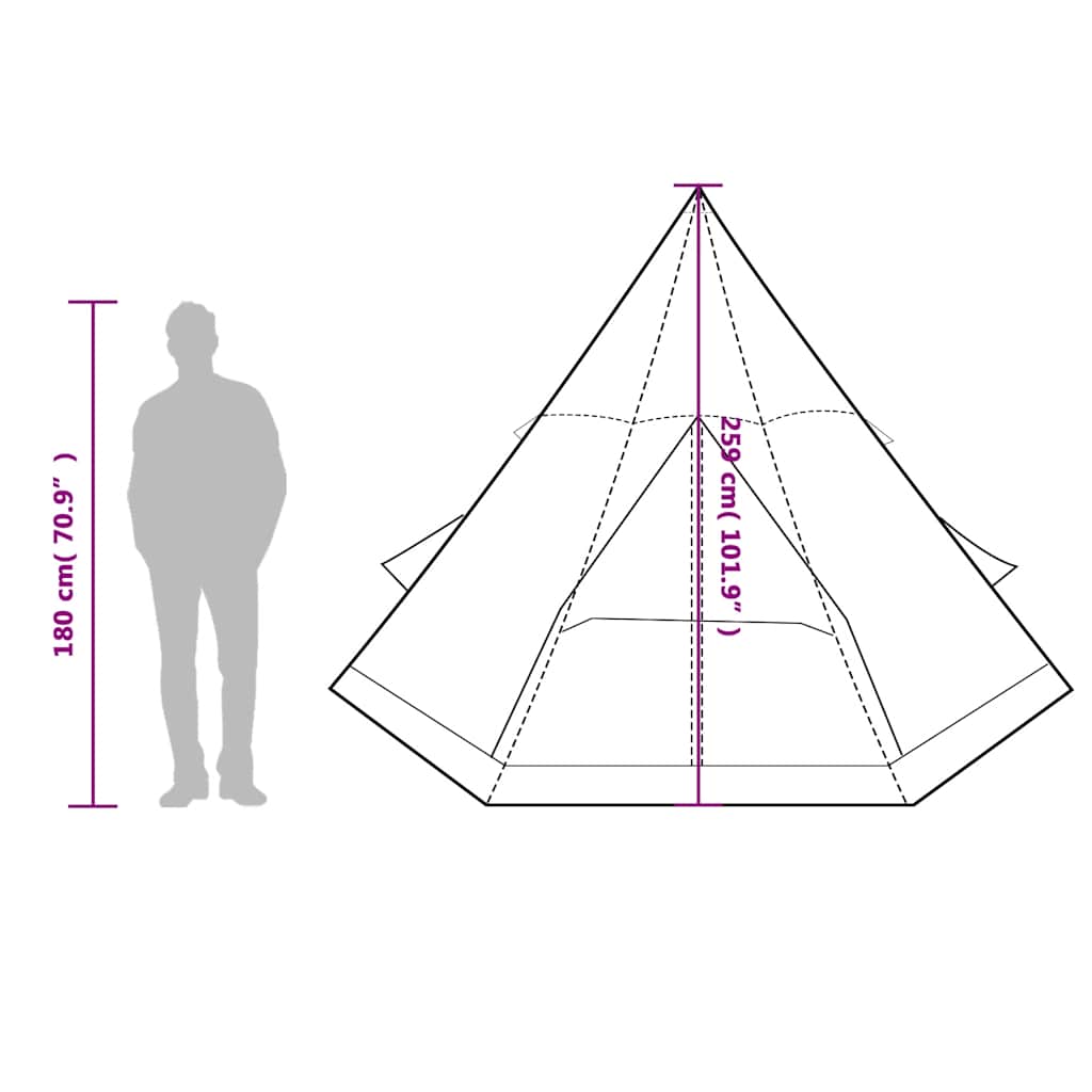 Zijaanzicht van de vidaXL 4-persoons tipitent met afmetingen en silhouet van een persoon.