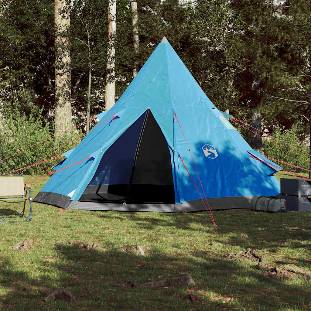 Zijaanzicht van de blauwe vidaXL tipitent met tentstokken en haringen in het gras.