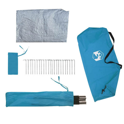 Detail van de accessoires van de vidaXL 4-persoons tipitent in blauw, inclusief tentstokken en haringen.