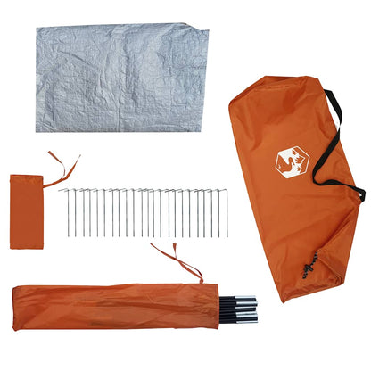 Detail van de oranje vidaXL tipitent met tentstokken, haringen en een beschermhoes.