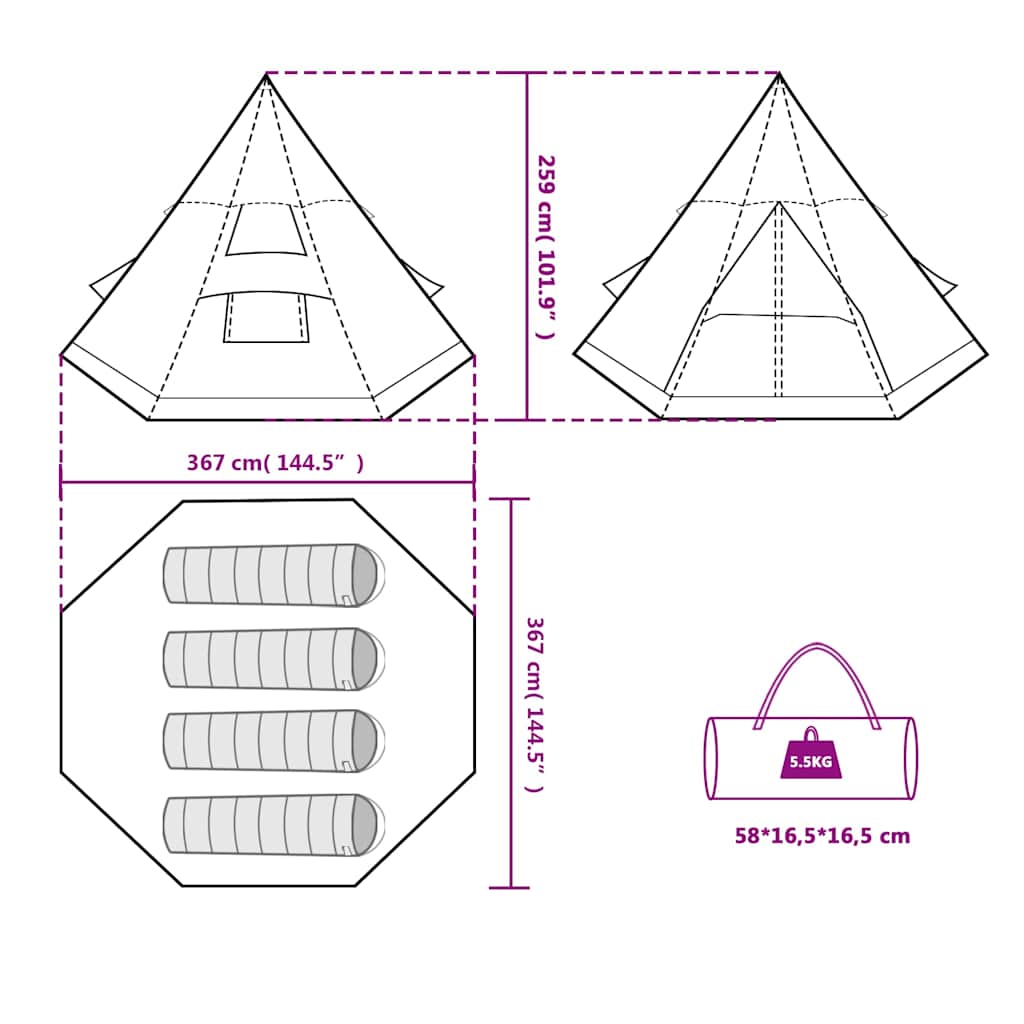 Detailtekening van de vidaXL 4-persoons tipitent met afmetingen en indeling.