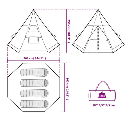 Detailtekening van de vidaXL 4-persoons tipitent met afmetingen en indeling.
