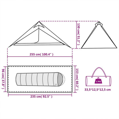 Detail van de afmetingen van de vidaXL hangende tipi tent in groen, met specificaties voor gebruik.