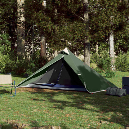 Hangende vidaXL tipi tent in groen, waterdicht en geplaatst in een bosrijke omgeving.