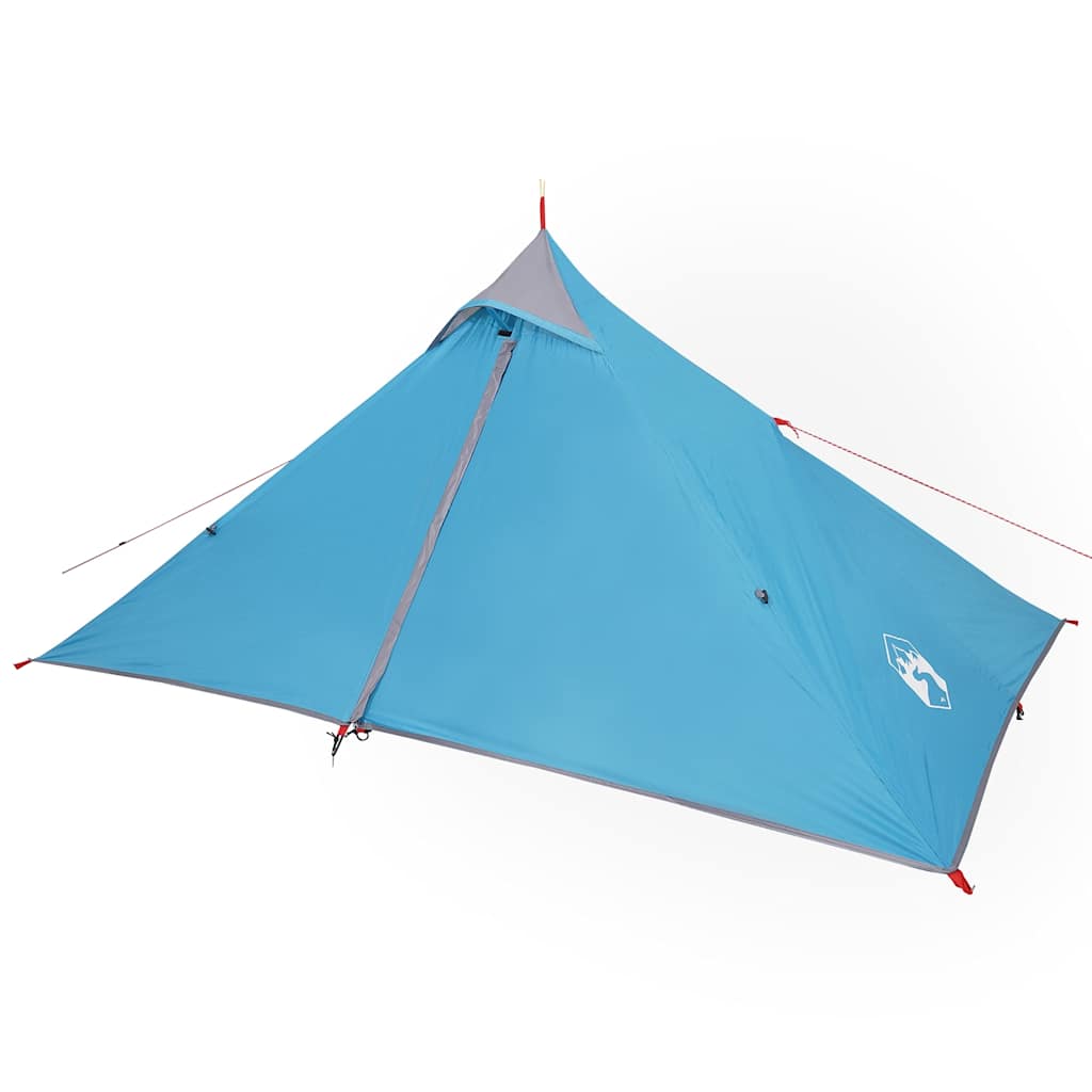 Detail van de vidaXL hangende tipi tent in blauw, met zicht op de waterdichte stof en ritsdeur.