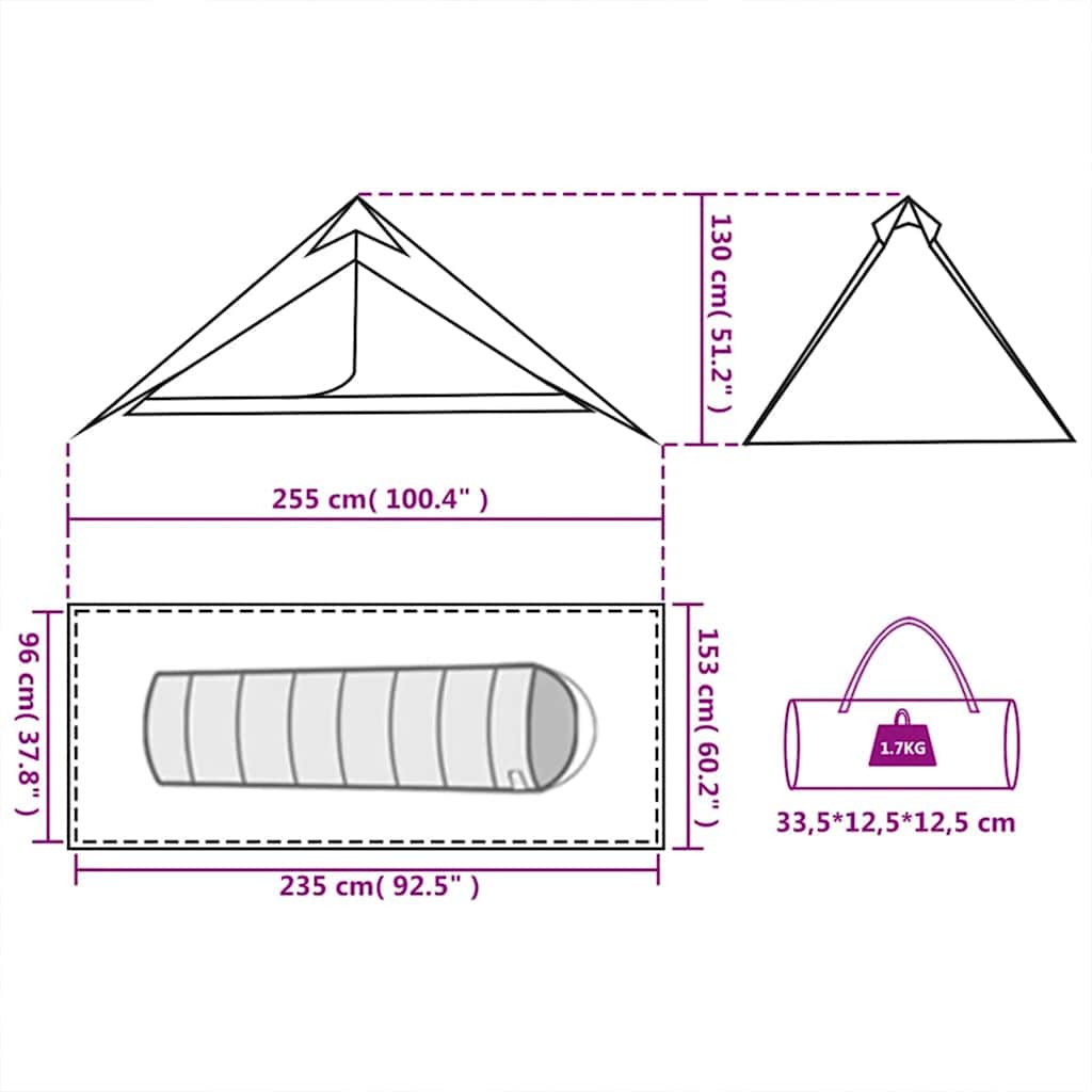 Detailweergave van de afmetingen en opbergtas van de vidaXL hangende tipi tent.