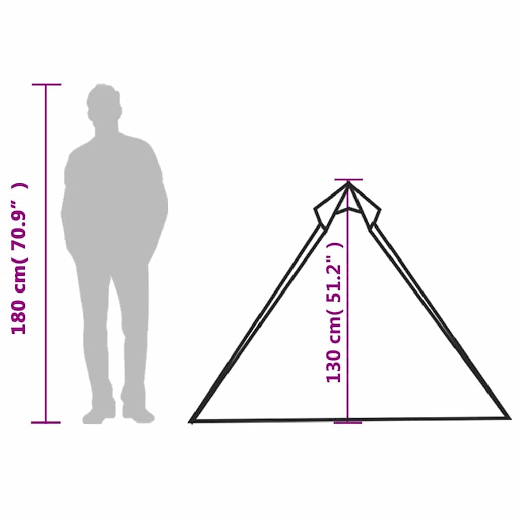 Detail van de afmetingen van de vidaXL hangende tipi tent, met silhouet van een persoon.