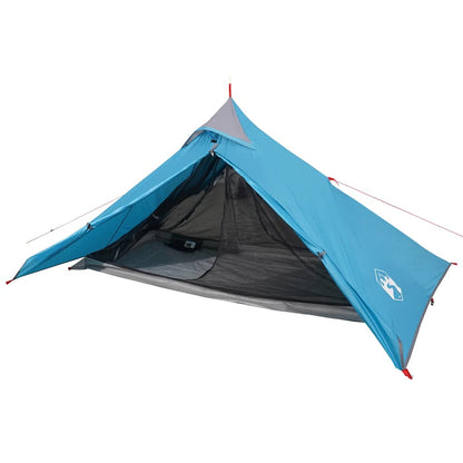 Detail van de vidaXL hangende tipi tent in blauw, met open ritsdeur en ventilatienet.