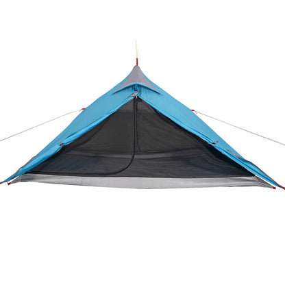 Zijaanzicht van de vidaXL hangende tipi tent in blauw met open ritsdeur.