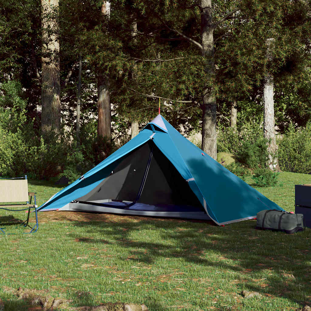 Hangende tipi tent vidaXL voor 1 persoon, waterdicht en blauw in een groene omgeving.
