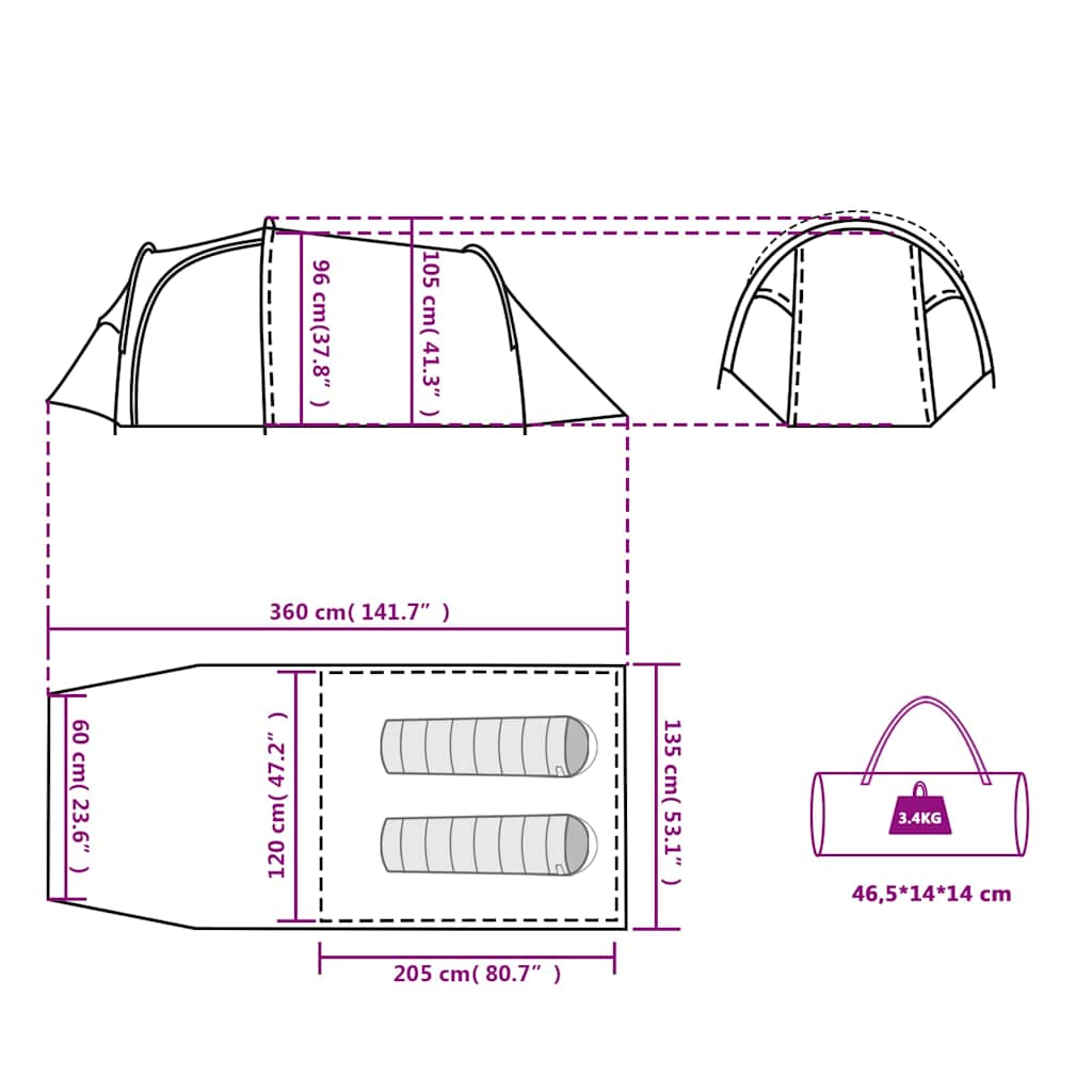 Detailweergave van de afmetingen en indeling van de vidaXL 2-persoons tunneltent.