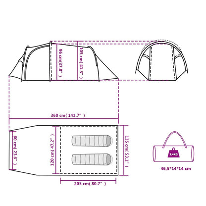 Detail van de vidaXL Tunneltent met afmetingen en ontwerpkenmerken in blauw.