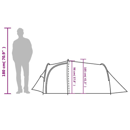 Zijaanzicht van de vidaXL 2-persoons tunneltent met afmetingen en silhouet van een persoon.