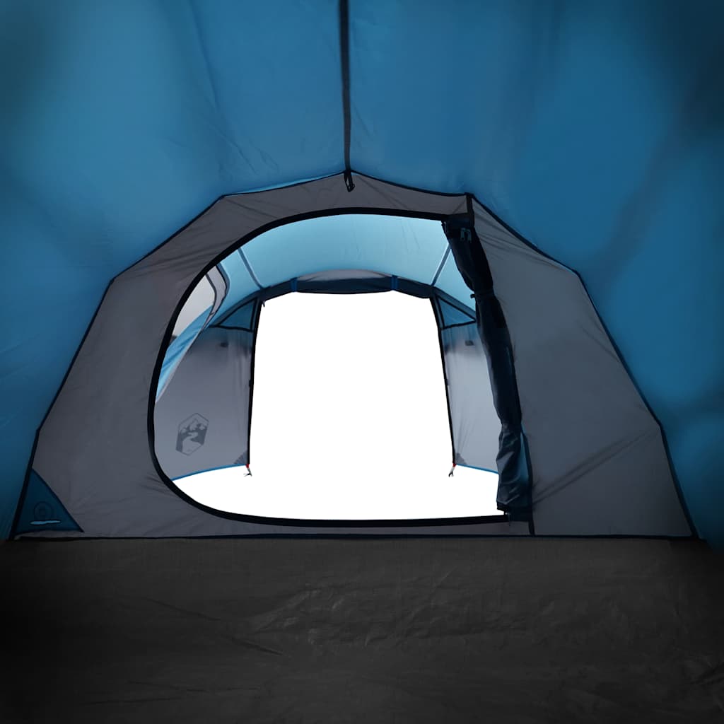 Zijaanzicht van de vidaXL tunneltent met open ingang en blauwe binnenvoering.