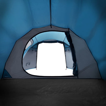 Zijaanzicht van de vidaXL tunneltent met open ingang en blauwe binnenvoering.