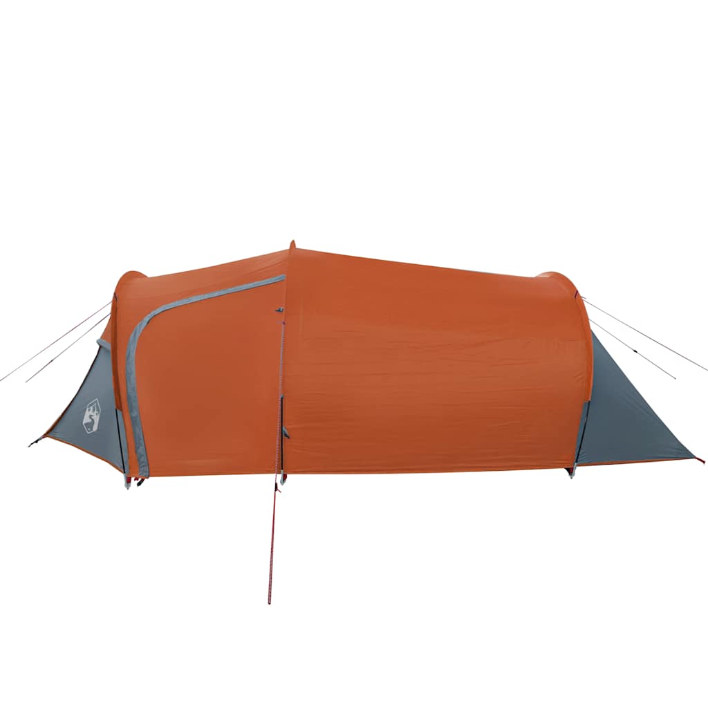 Zijaanzicht van de vidaXL 2-persoons tunneltent in oranje met grijze accenten.
