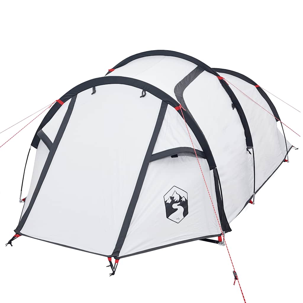 Zijaanzicht van de vidaXL tunneltent voor 2 personen, wit met zwarte details en stevige haringen.