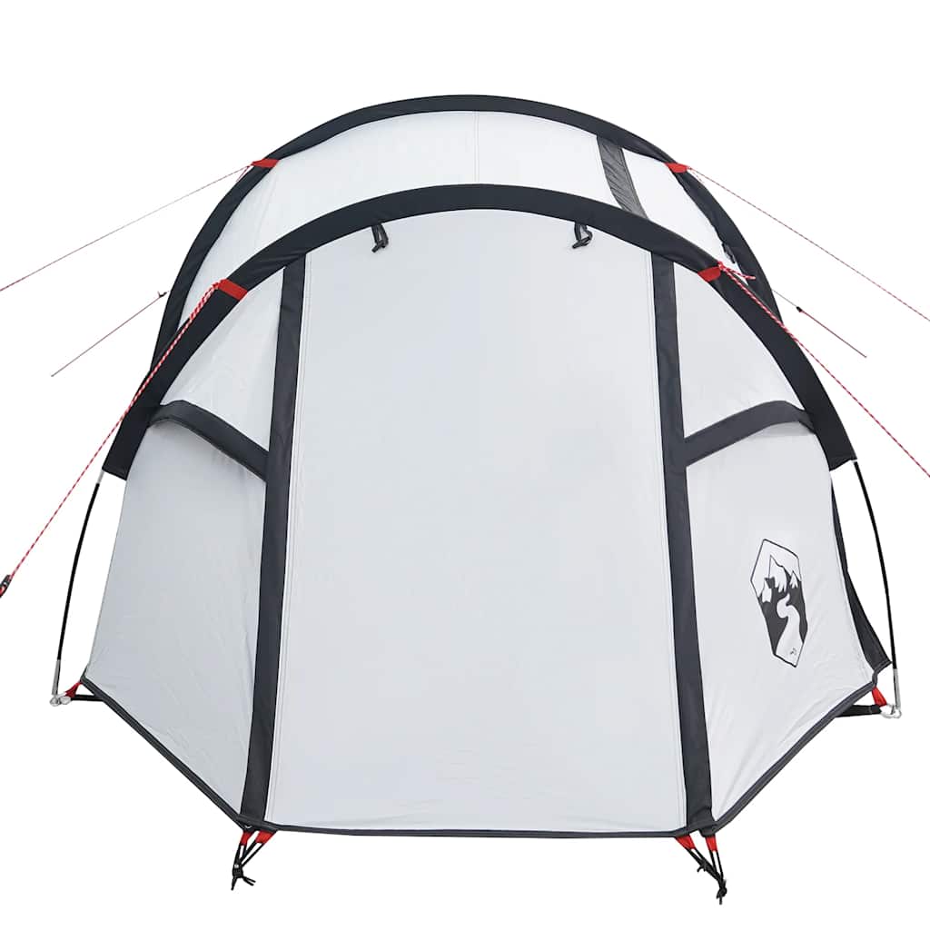 Detail van de vidaXL 2-persoons tunneltent met witte waterdichte buitenkant en zwarte accenten.