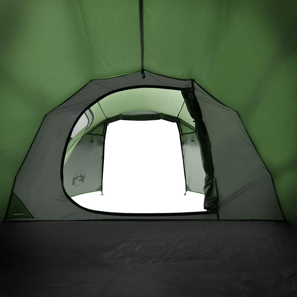 Detail van de ingang van de vidaXL 3-persoons tunneltent, met groene binnenvoering.