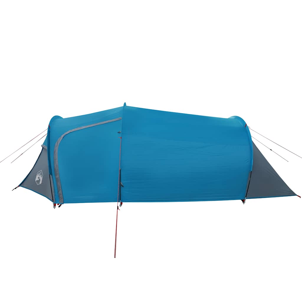 Zijaanzicht van de vidaXL 3-persoons tunneltent in blauw, met waterdichte buitentent.