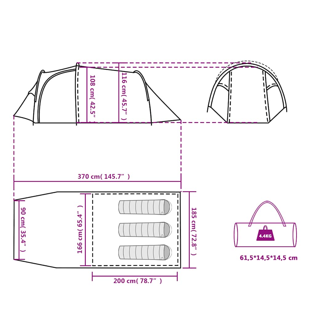 Detailtekening van de vidaXL 3-persoons tunneltent met afmetingen en ontwerpkenmerken.