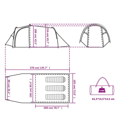 Detailtekening van de vidaXL 3-persoons tunneltent met afmetingen en ontwerpkenmerken.