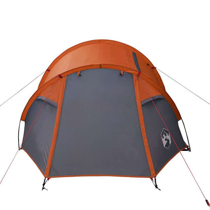 Zijaanzicht van de vidaXL Tunneltent in oranje met grijze details en ventilatieroosters.
