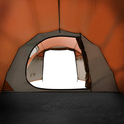 Zijaanzicht van de oranje vidaXL tunneltent met open ingang en ventilatierooster.