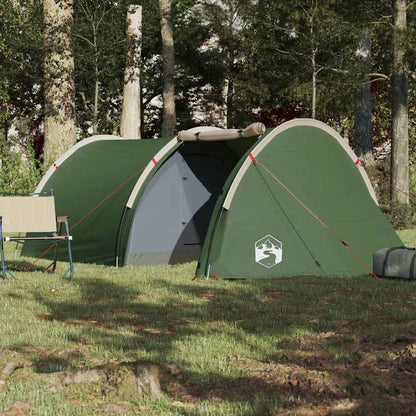 Detail van de groene vidaXL tunneltent met open ingang en tentstokken in een bosrijke omgeving.