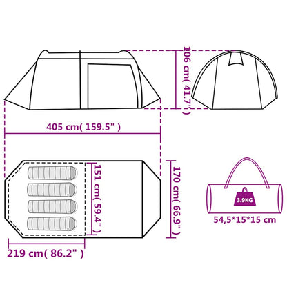 Technische tekening van de vidaXL 4-persoons tunneltent met afmetingen en opbergtas.