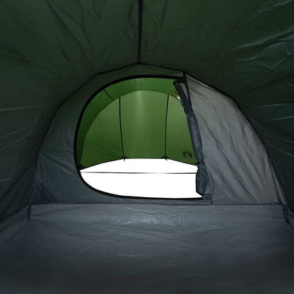 Detail van de groene vidaXL tunneltent met een open ventilatierooster aan de zijkant.