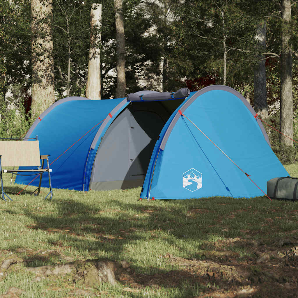 Detail van de vidaXL tunneltent in blauw, zijaanzicht met open ingang en groene omgeving.