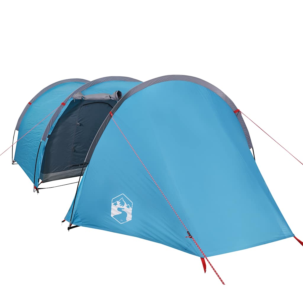 Zijaanzicht van de blauwe vidaXL tunneltent met waterdichte buitenkant en ventilatieopening.