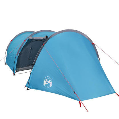 Zijaanzicht van de blauwe vidaXL tunneltent met waterdichte buitenkant en ventilatieopening.