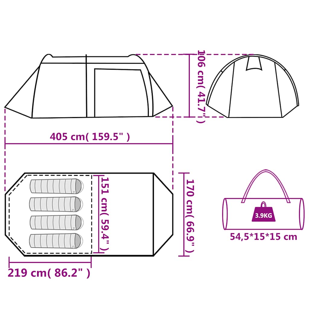 Technische tekening van de vidaXL 4-persoons tunneltent met afmetingen en opbergtas.