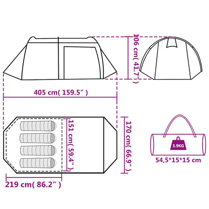 Technische tekening van de vidaXL 4-persoons tunneltent met afmetingen en opbergtas.