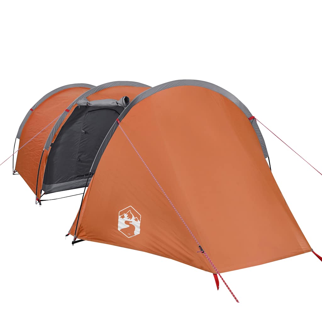 Detail van de oranje vidaXL tunneltent met zijaanzicht en ventilatieopening.