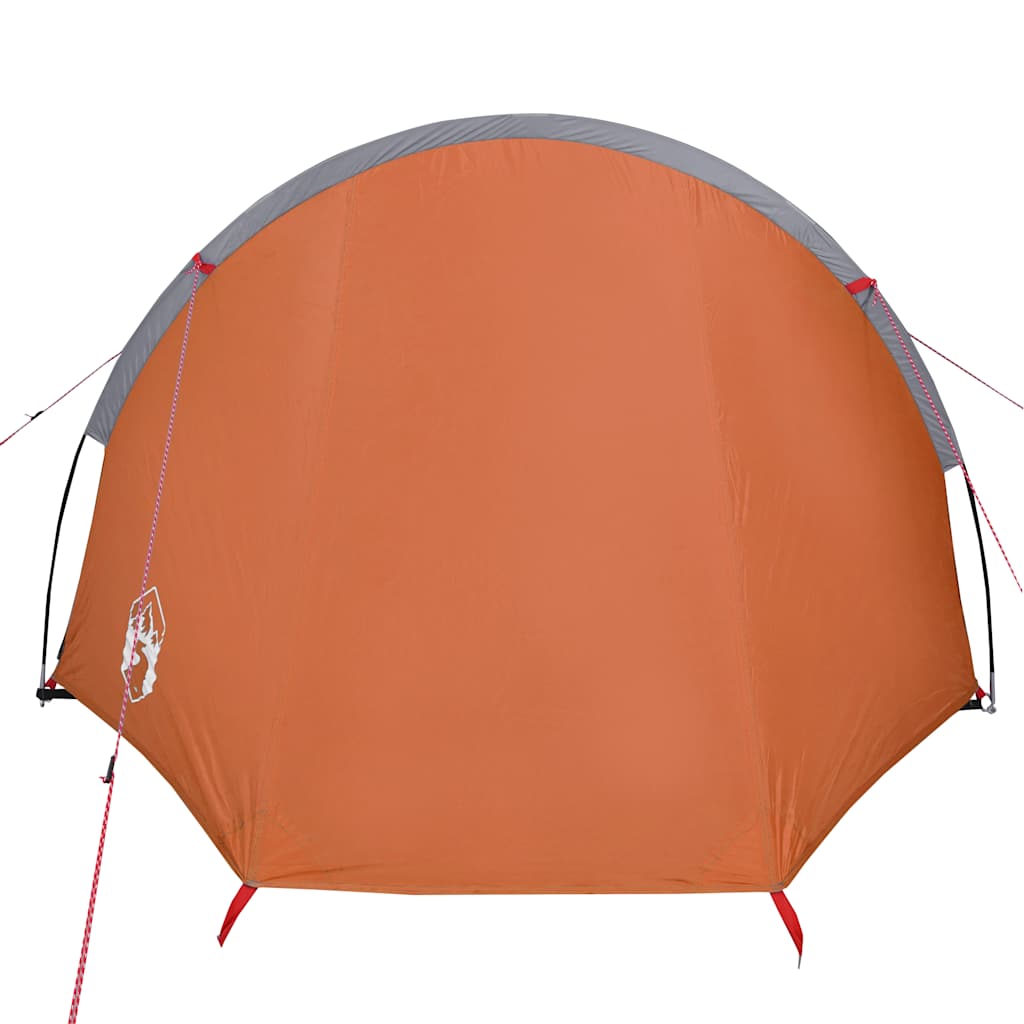 Detail van de oranje vidaXL tunneltent met een gebogen bovenkant en bevestigingslijnen.
